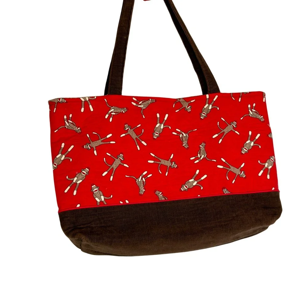 Handmade Sock Monkey Tote Bag, Red Brown Corduroy Bottom,‎ Organizer, Cute